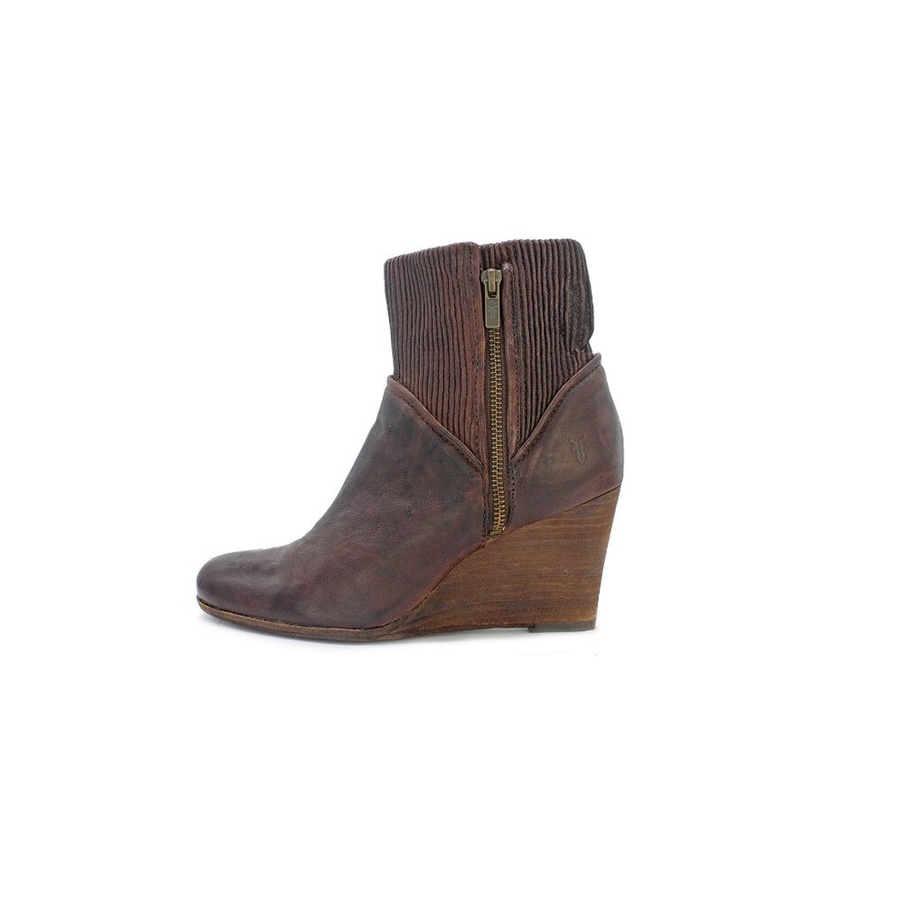 Frye 'Corby' Side Zip Ruched Brown Leather Wedge Ankle Boot: Size 9 M